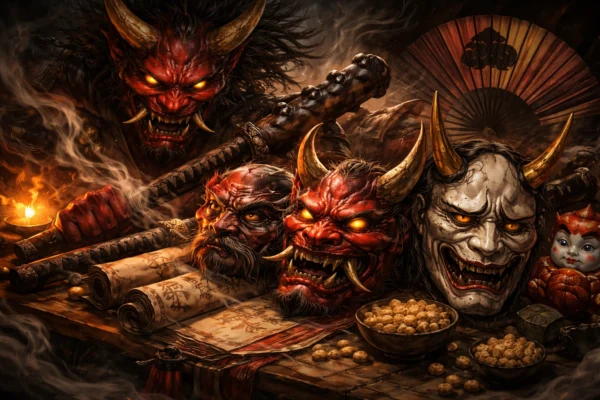 Japanse Oni demon afgebeeld met traditionele maskers en symbolen uit de Japanse folklore en mythologie