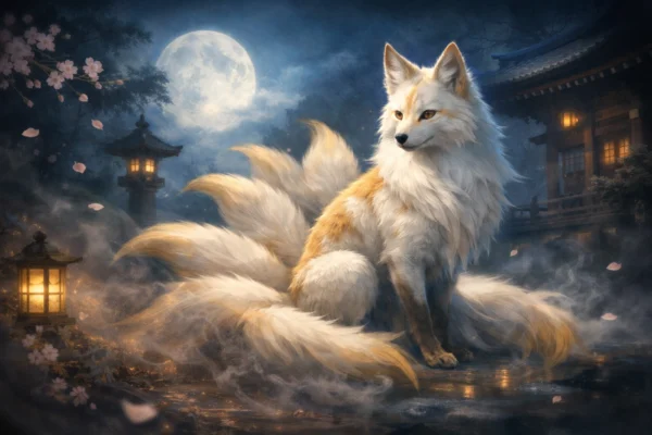 Kitsune dans la mythologie japonaise – renard légendaire à neuf queues symbolisant la sagesse, la transformation et les légendes du Japon