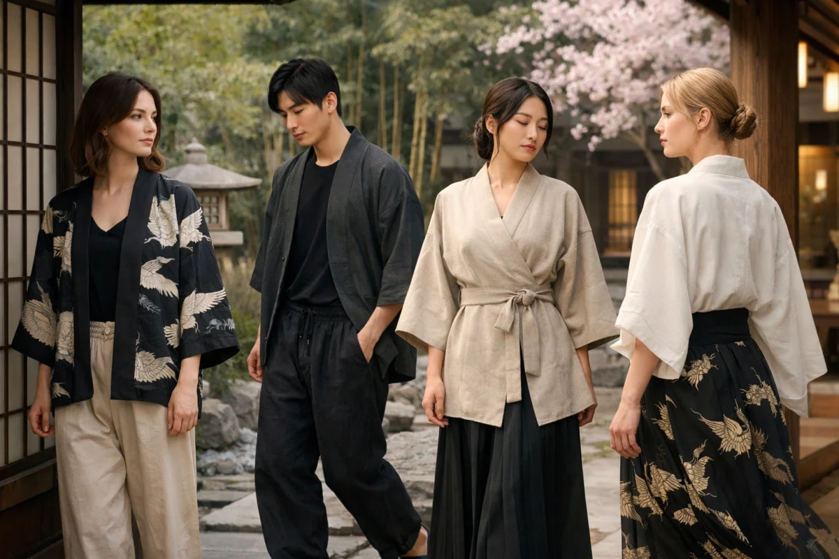 Moderne Japanse stijl met kimono invloeden in een elegante banner met hedendaagse silhouetten en traditionele inspiratie