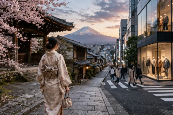Illustratie van moderne en traditionele Japanse stijl met kimono invloeden, kersenbloesem en stedelijke sfeer in Japan