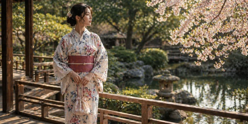 Traditionele yukata voor vrouwen in een serene Japanse tuin