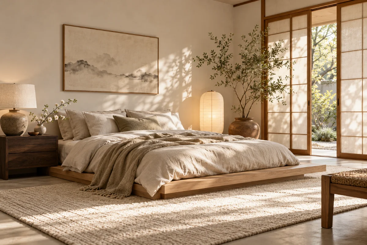 Japandi slaapkamer met laag houten bed, linnen beddengoed, papieren lamp en shoji-panelen