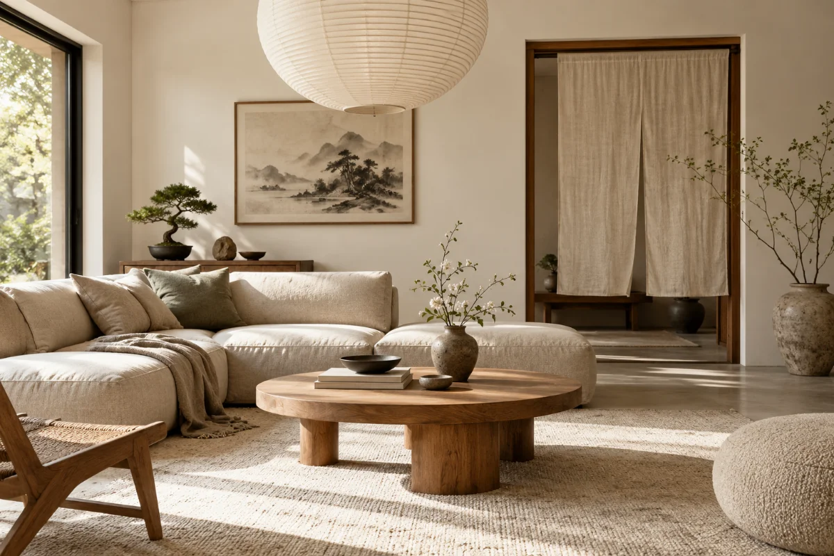 Woonkamer in japandi stijl met lage linnen bank, ronde houten salontafel, papieren hanglamp, noren en Japanse inktschildering