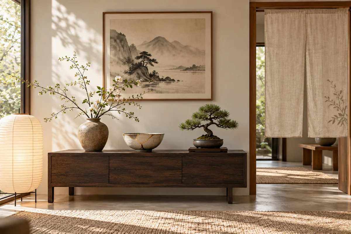 Japanse accessoires in een japandi interieur: noren, inktschildering, kintsugi kom, bonsai en papieren lamp
